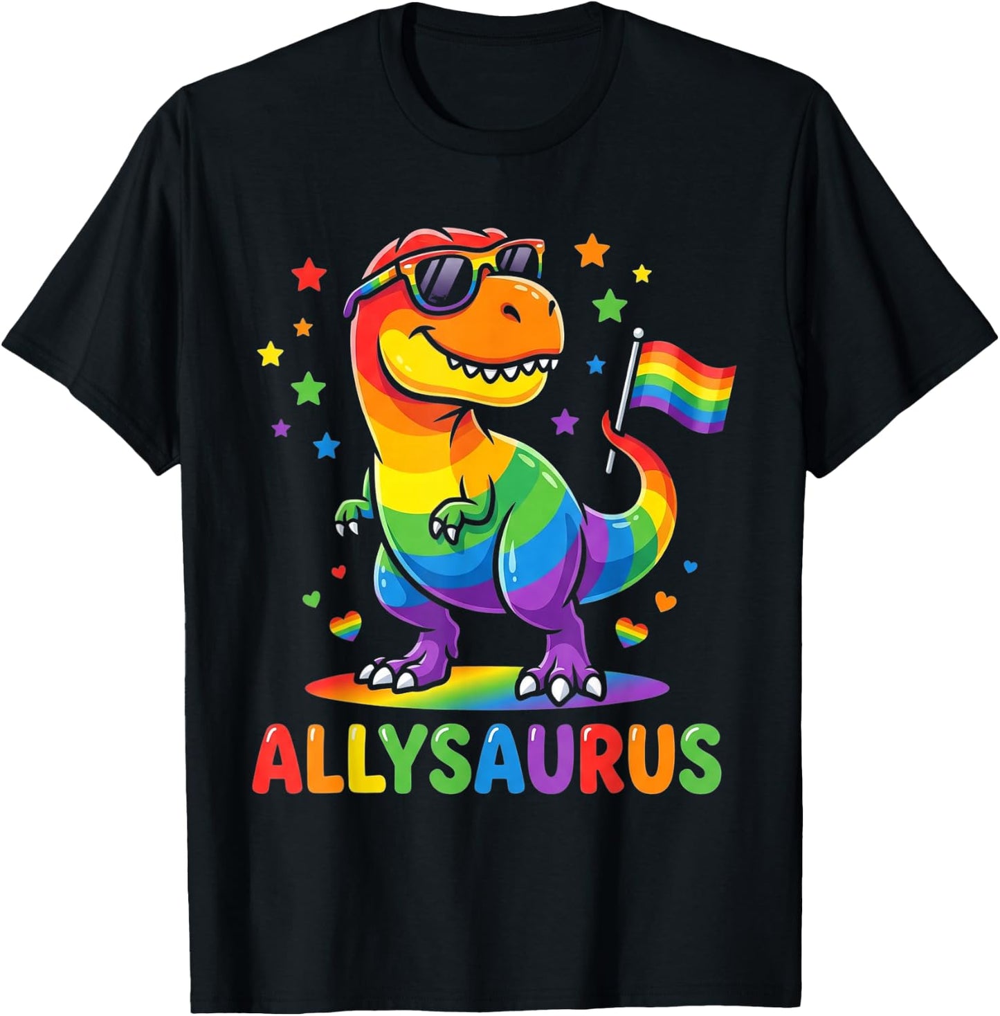 Allysaurus Dinosaur LGBTQ Ally Pride Support Rainbow Flag T-Shirt - T-Shirt | Black