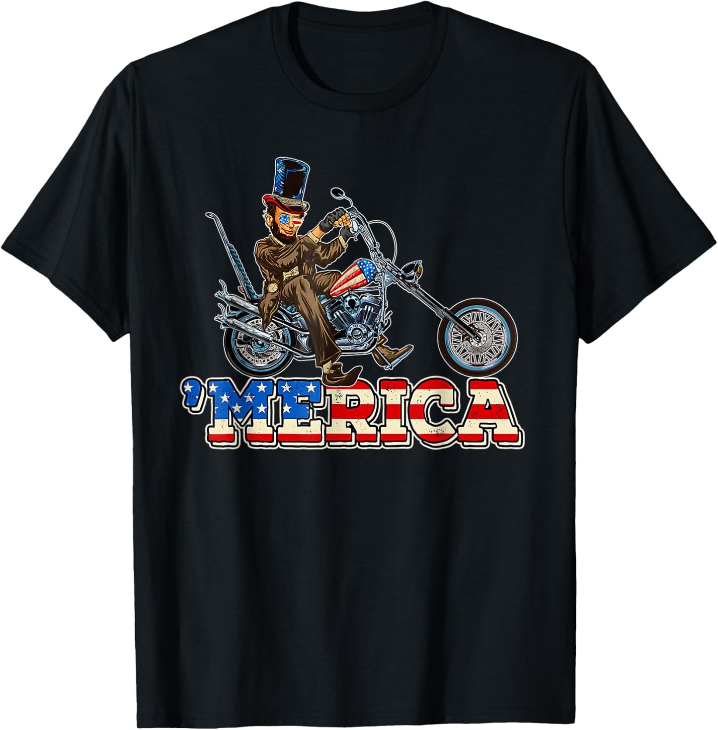 4th of July Themed Abe Lincoln riding a Chopper motorcycle Kids Men T-Shirt - T-Shirt | Black