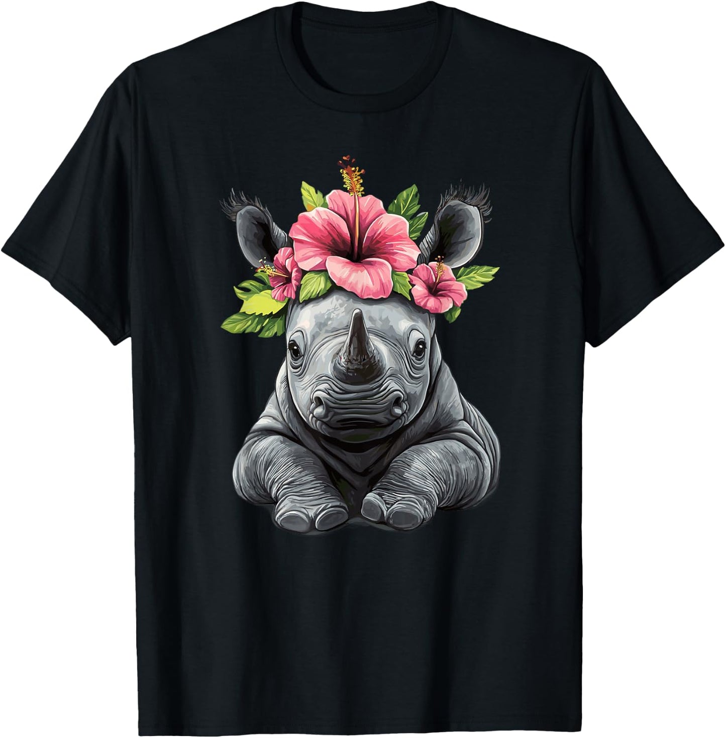 Adorable Baby Rhino With Flower Crown T-Shirt - T-Shirt | Black