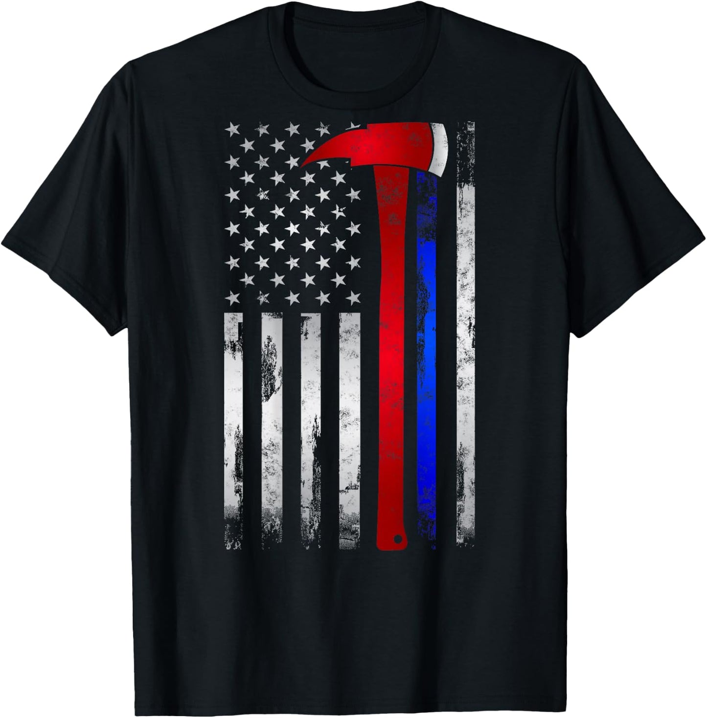 Thin Red Blue line American Flag Axe Gift Firefighter Police T-Shirt - T-Shirt | Black
