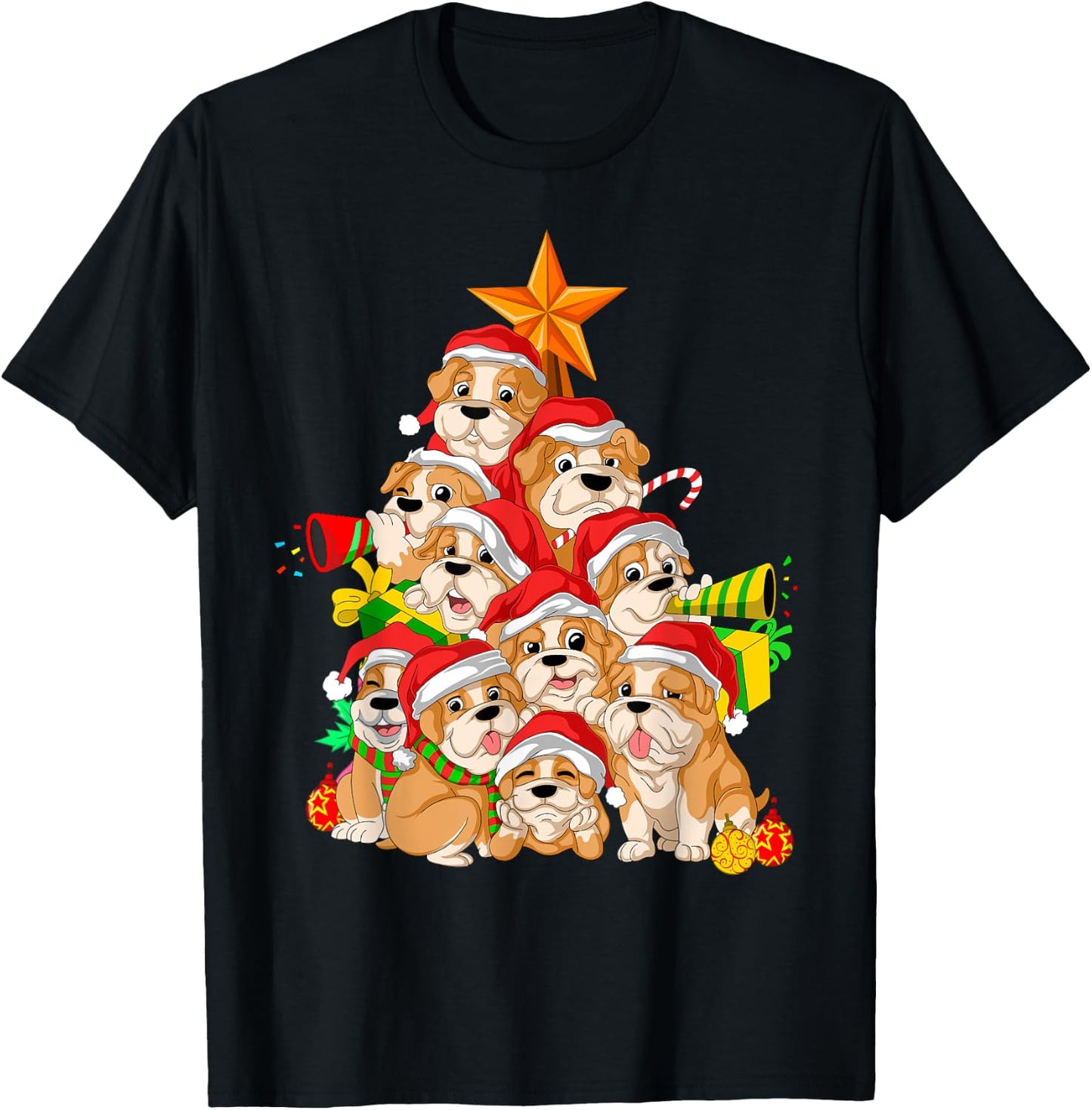 English Bulldog Christmas Tree Dog Xmas Gift Women Kids T-Shirt - T-Shirt | Black