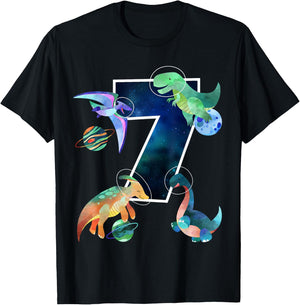 Kids Astronaut Outer Space Dinosaurs 7th Birthday Boy Gift T-Shirt - T-Shirt | Black