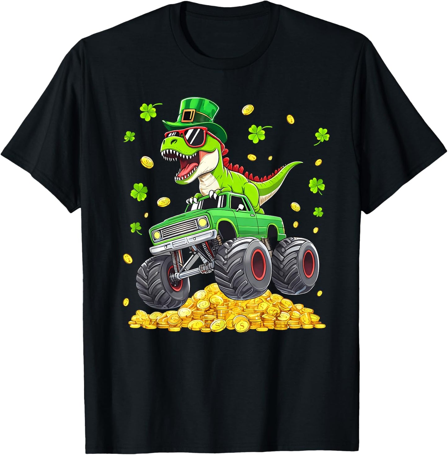 St Patricks Day Dinosaur T-rex Monster Truck Pattys Boy Men T-Shirt - T-Shirt | Black
