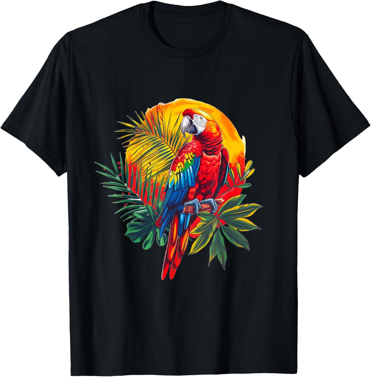 Scarlet Macaw Paradise: Tropical Parrot and Nature Sunset T-Shirt - T-Shirt | Black
