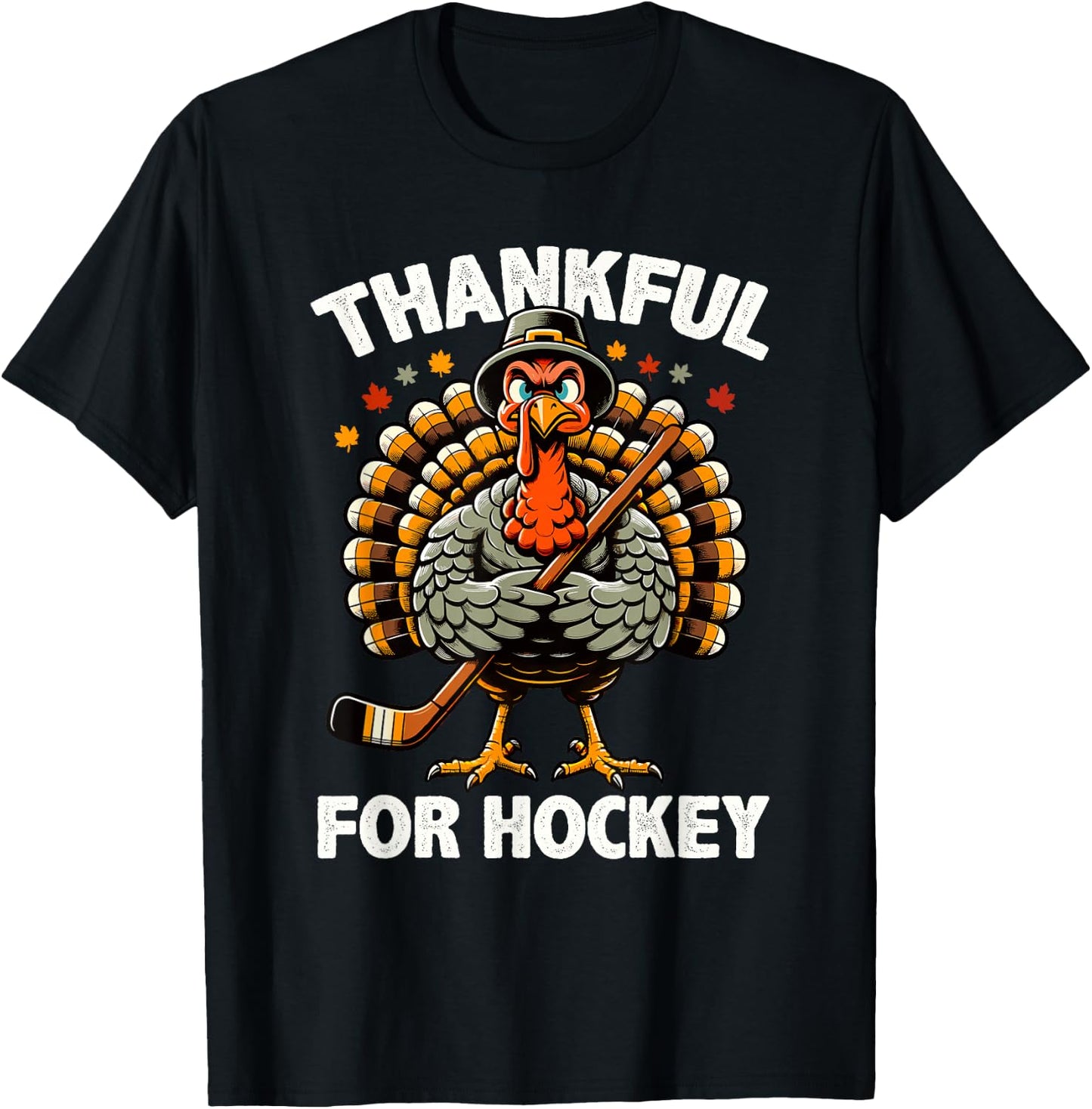 Thankful For Hockey Funny Turkey Thanksgiving Men Women Kids T-Shirt - T-Shirt | Black