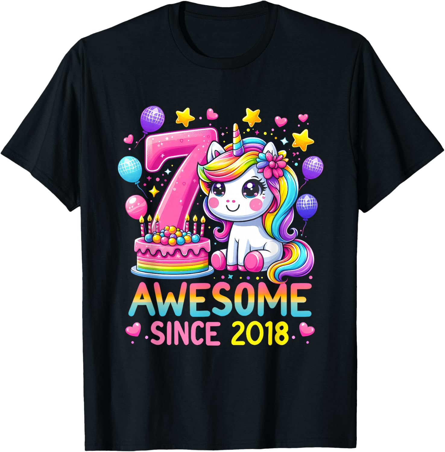 Unicorn 7th Birthday 7 Year Old Party Awesome Since 2018 T-Shirt - T-Shirt | Black