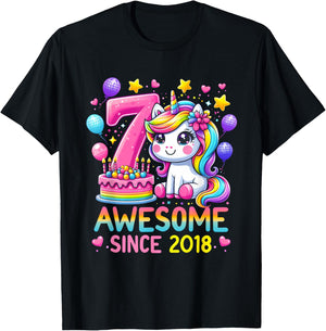 Unicorn 7th Birthday 7 Year Old Party Awesome Since 2018 T-Shirt - T-Shirt | Black