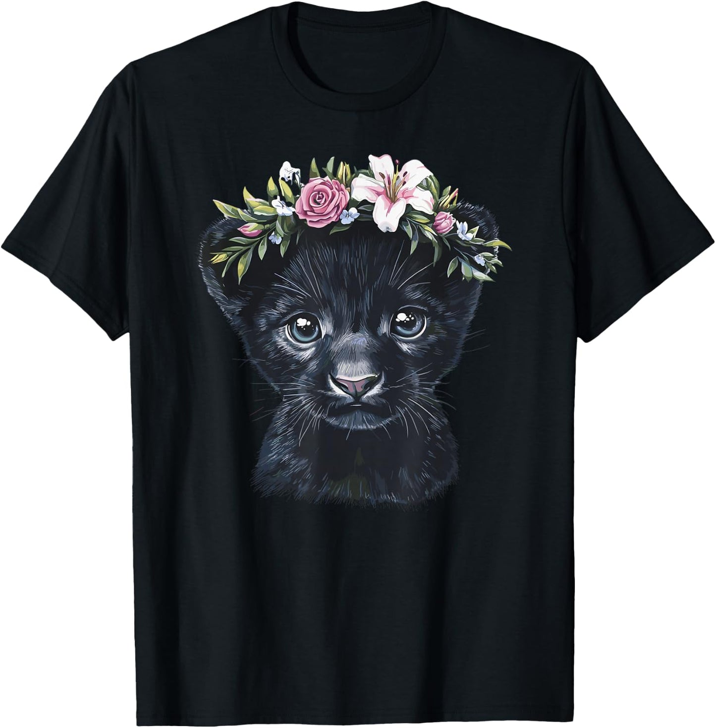 Adorable Black Panther Cub with Flower Crown T-Shirt - T-Shirt | Black