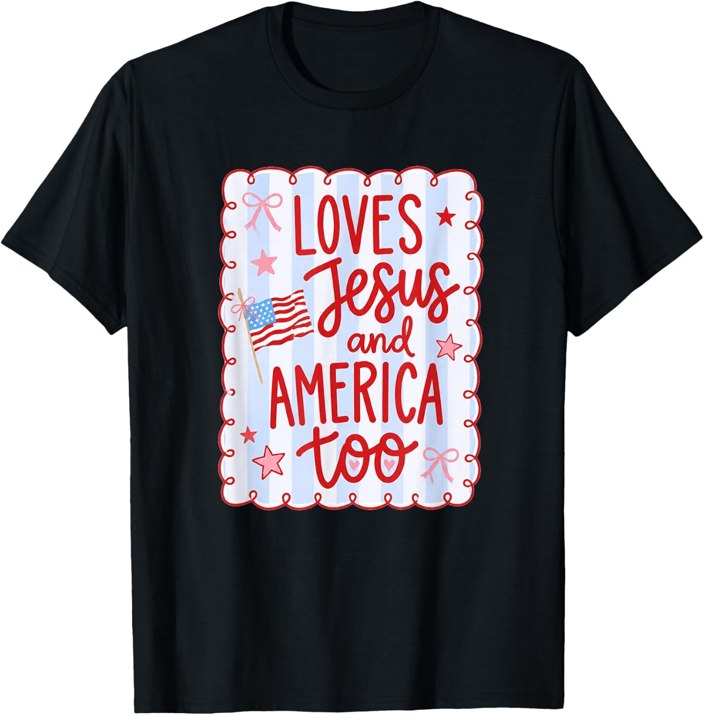 She Loves Jesus and America Too Flag Bow 4th of July Stripe T-Shirt - T-Shirt | Black