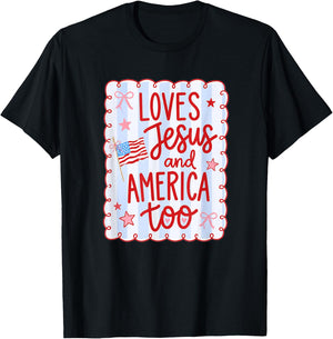 She Loves Jesus and America Too Flag Bow 4th of July Stripe T-Shirt - T-Shirt | Black