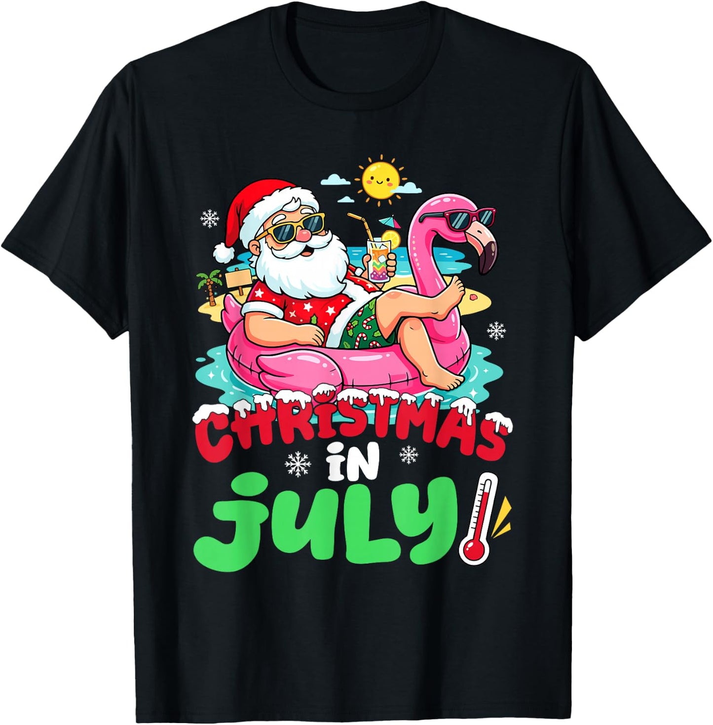 Santa Flamingo Floatie Summer Christmas in July Men Women T-Shirt - T-Shirt | Black