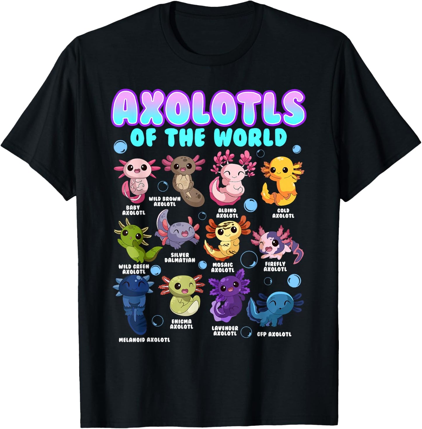 Axolotl Animals of the World Kawaii Salamander Herpetology T-Shirt - T-Shirt | Black