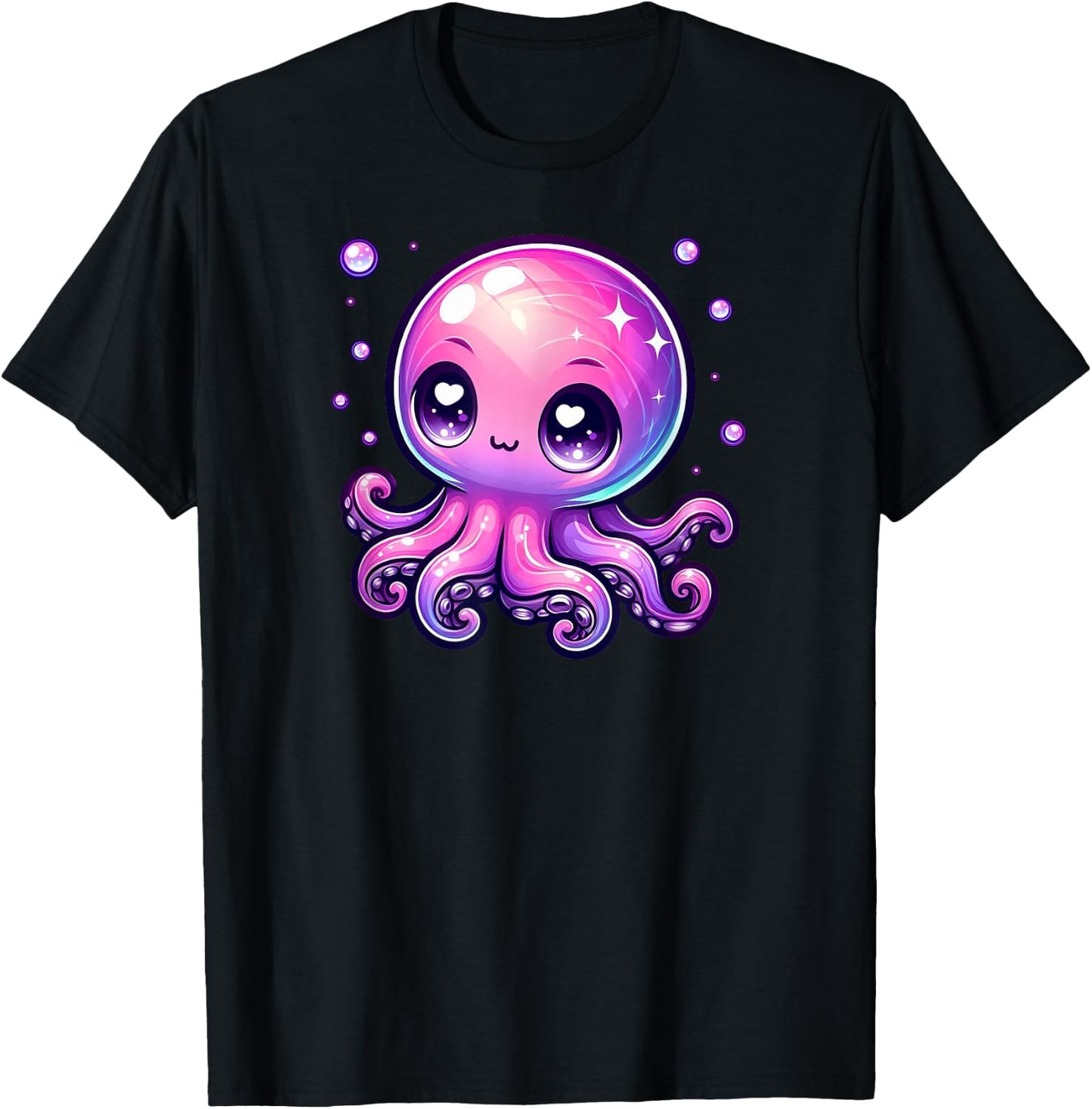 Cute Kawaii Octopus Anime Pink Purple Blue Ocean Sea Fun T-Shirt - T-Shirt | Black