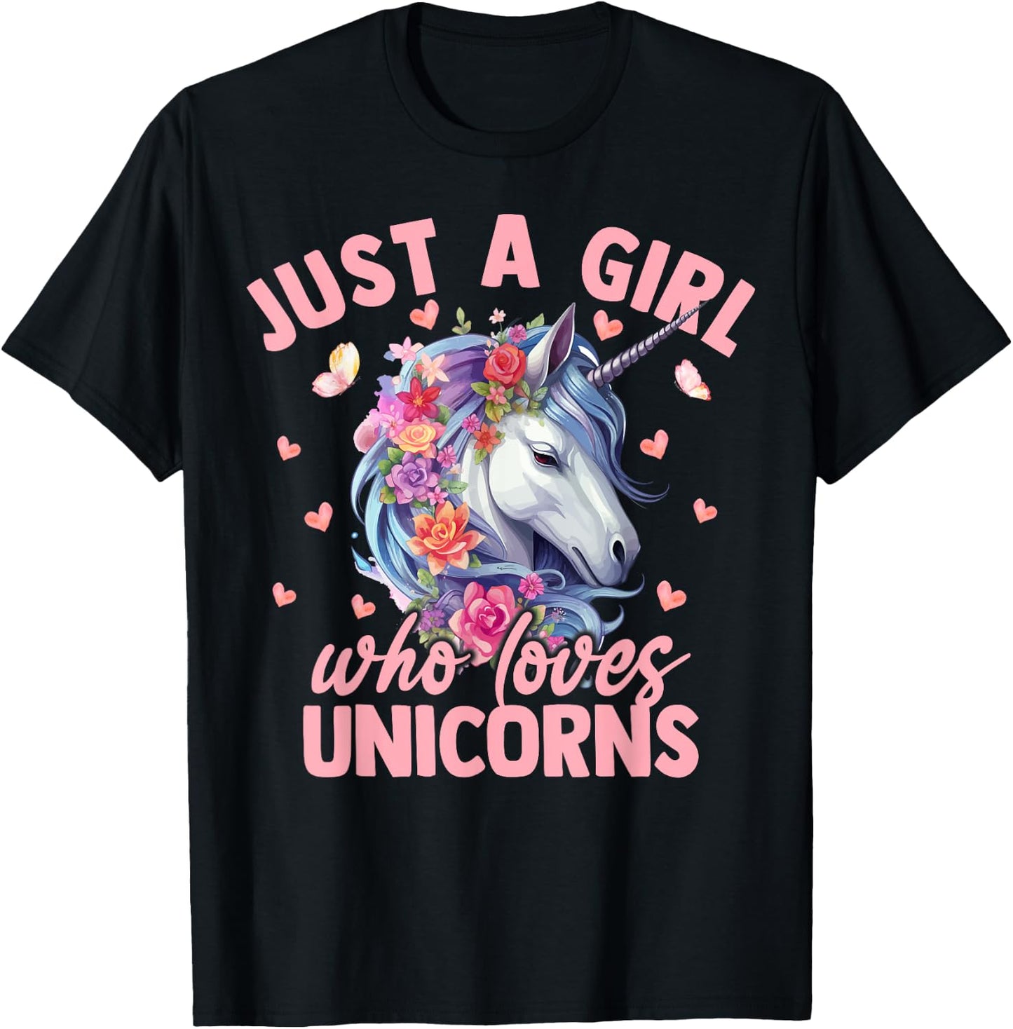 Just A Girl Who Loves Unicorns Aesthetic Flower Women Girls T-Shirt - T-Shirt | Black