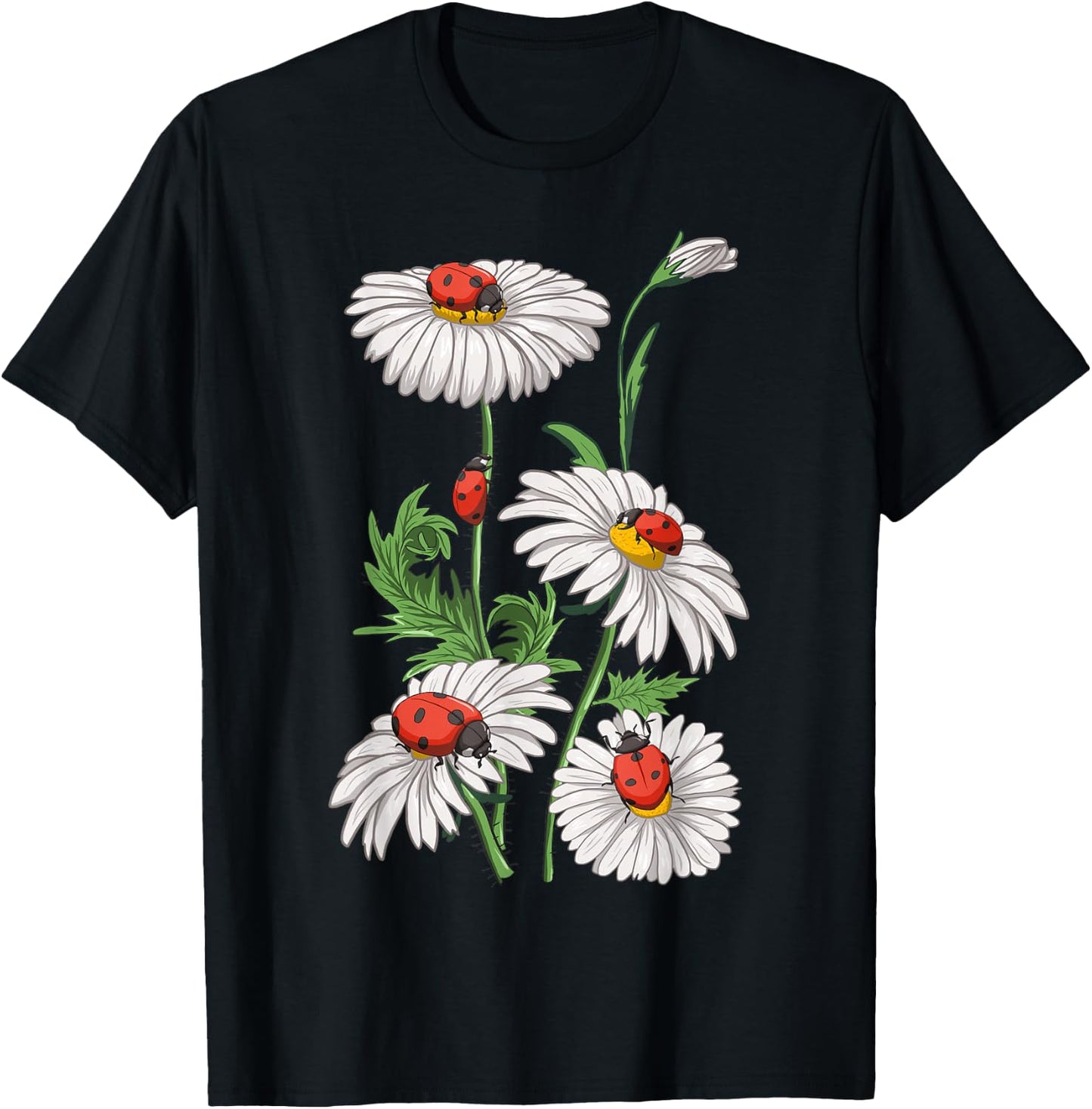 Ladybugs Daisies Chamomile Marguerites Bouquet Gardeners T-Shirt - T-Shirt | Black