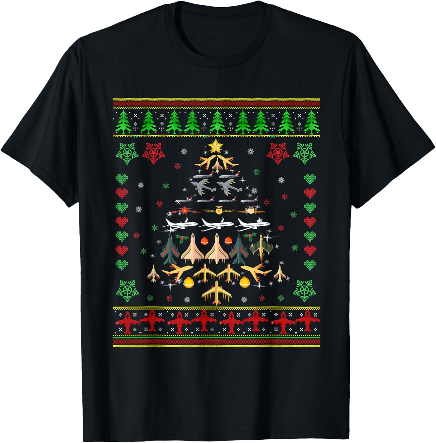 Airplane Christmas Tree Ugly Xmas Sweater Decoration Pilot T-Shirt - T-Shirt | Black
