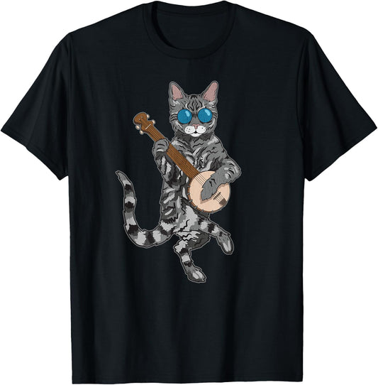 Banjo Cat Funny Retro Style Bluegrass & Tabby Feline Lover T-Shirt - T-Shirt | Black