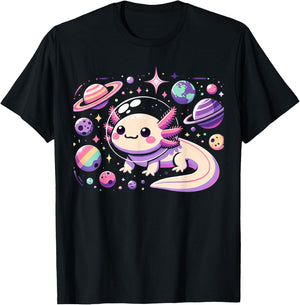Kawaii Axolotl in Space with Planets Stars Anime Aesthetic T-Shirt - T-Shirt | Black