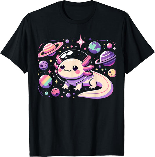 Kawaii Axolotl in Space with Planets Stars Anime Aesthetic T-Shirt - T-Shirt | Black