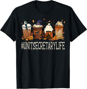 Unit Secretary Horror Fall Coffee Spooky Halloween Pumpkin T-Shirt - T-Shirt | Black