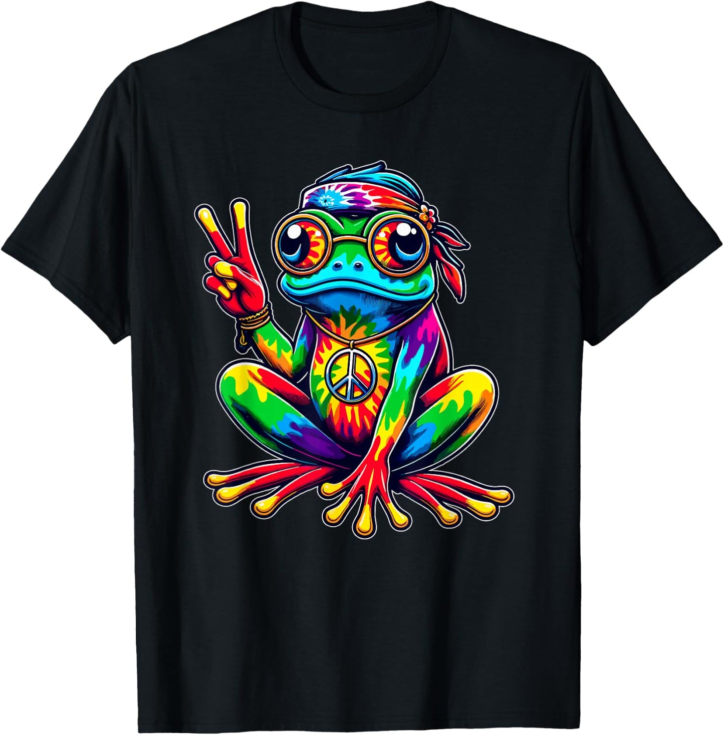 Hippie Tie-Dye Frog, 60s Party & 70s Costume, Peace Sign T-Shirt - T-Shirt | Black