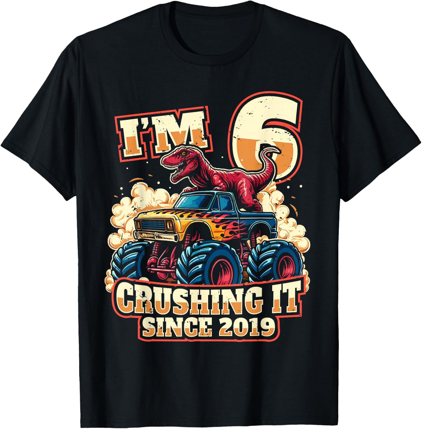 6 Year Old Boys 6th Birthday Dinosaur Monster Truck Party T-Shirt - T-Shirt | Black