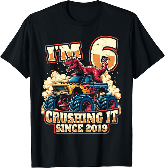 6 Year Old Boys 6th Birthday Dinosaur Monster Truck Party T-Shirt - T-Shirt | Black
