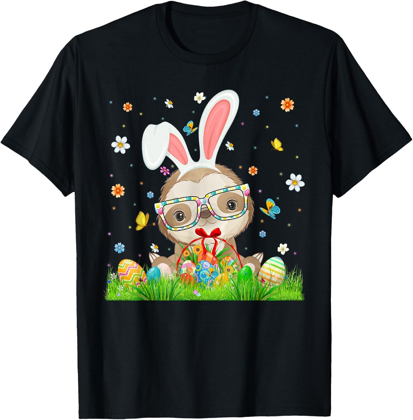 Cute Bunny Sloth & Easter Egg Basket Happy Easter Day Kids T-Shirt - T-Shirt | Black