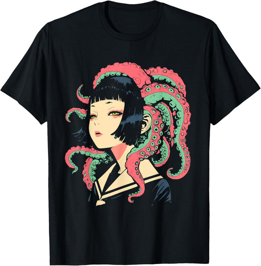 Weirdcore Anime Octopus Girl Trippy Manga Gothic Aesthetic T-Shirt - T-Shirt | Black