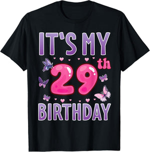 Butterflies Hearts Happy 29 Years Old It's My 29th Birthday T-Shirt - T-Shirt | Black