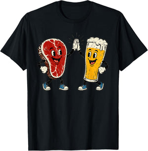 Steak and Suds Funny Steak Beer Retro Cartoon High Five Food T-Shirt - T-Shirt | Black