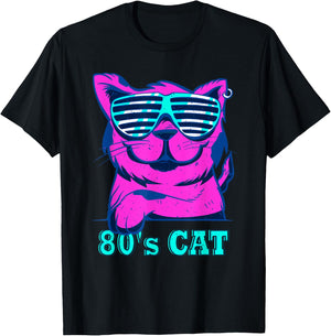 80s Colourful Retro Outfit Party Cat , black, s T-Shirt - T-Shirt | Black