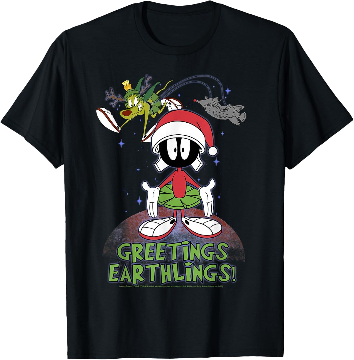 Looney Tunes Christmas Marvin Greetings Earthlings T-Shirt - T-Shirt | Black