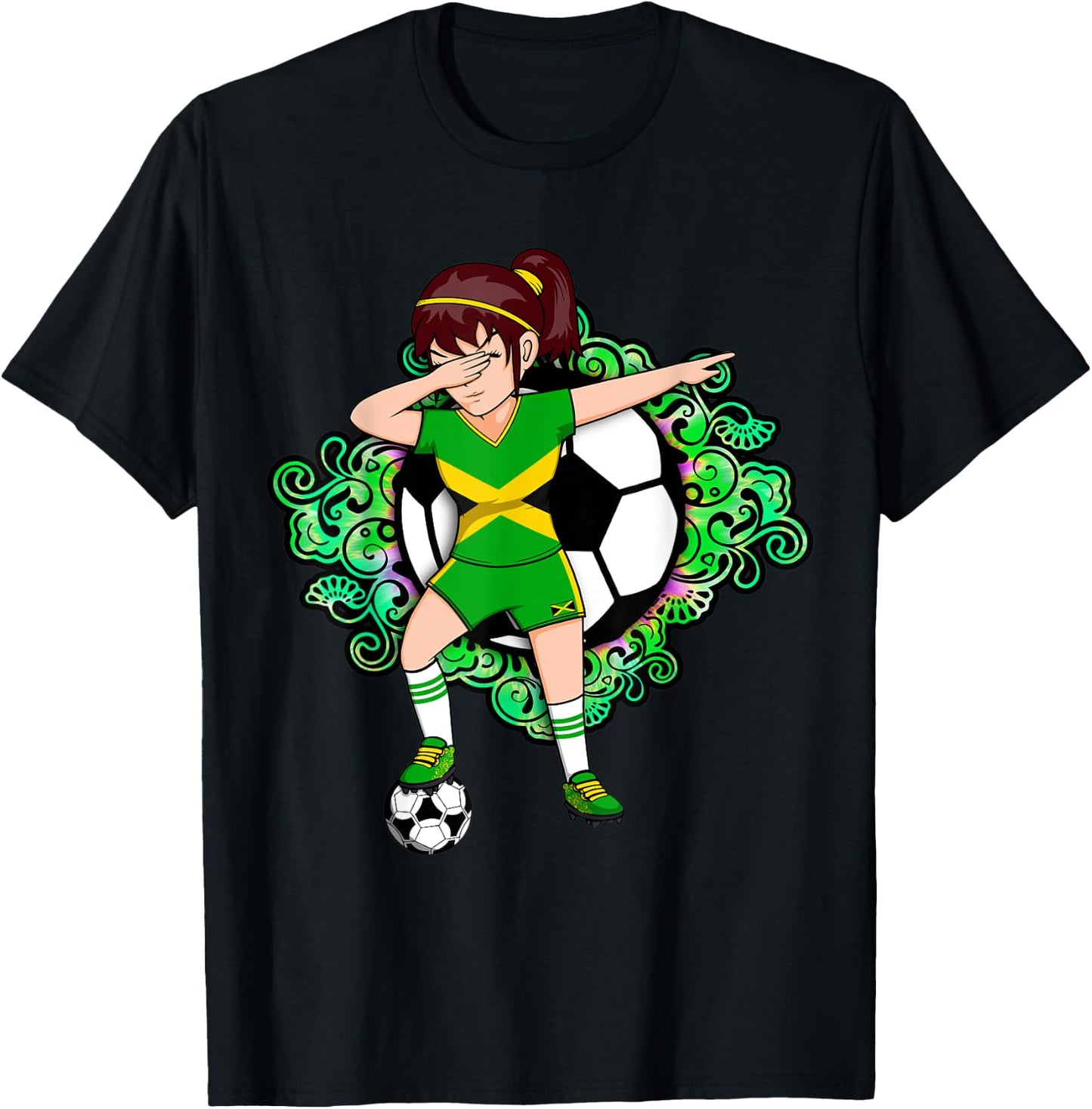 Dabbing Soccer Girl Jamaica Jersey Floral Football Flower T-Shirt - T-Shirt | Black