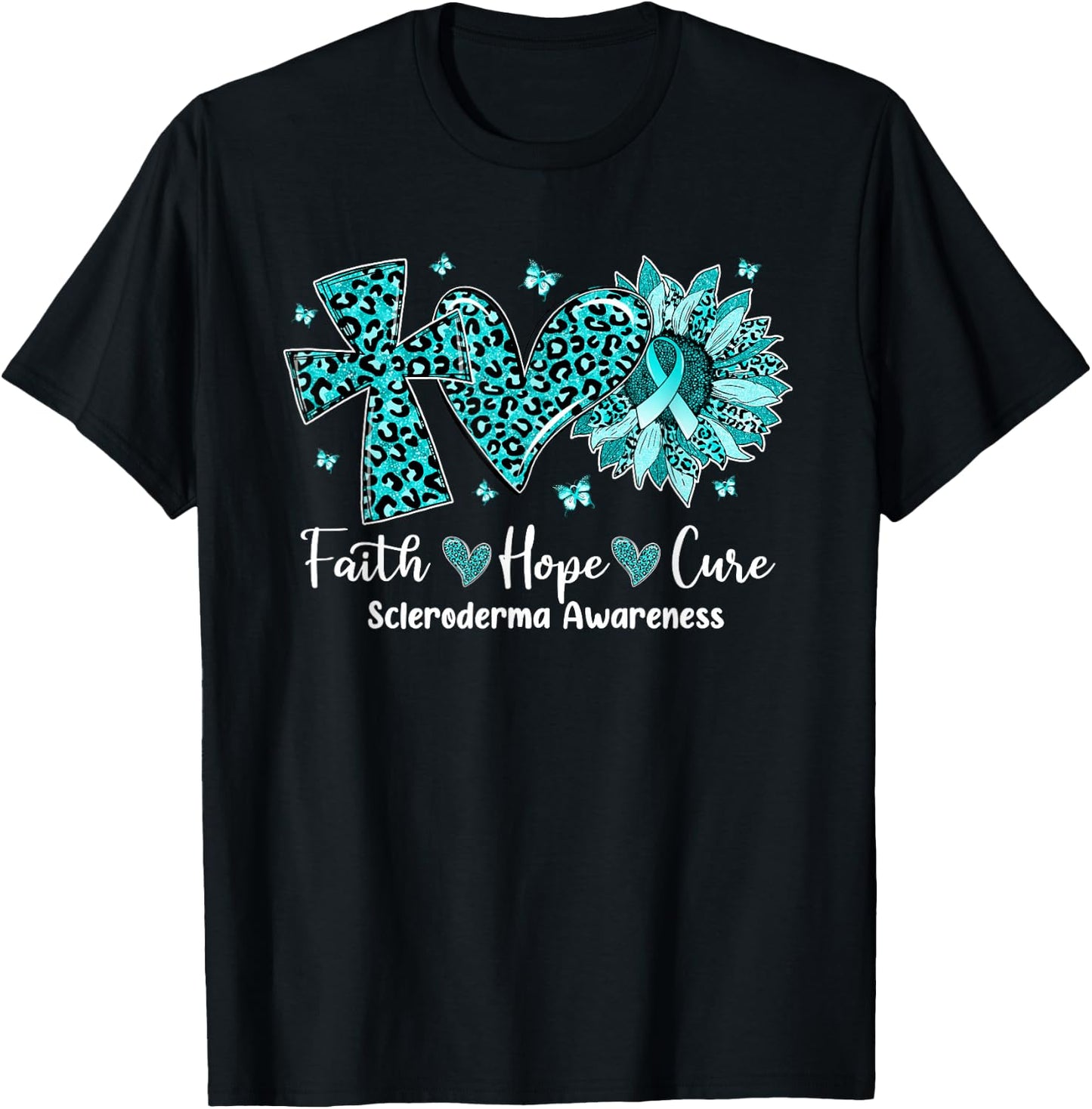 Faith Hope Cure Sunflower Leopard Scleroderma Awareness T-Shirt - T-Shirt | Black