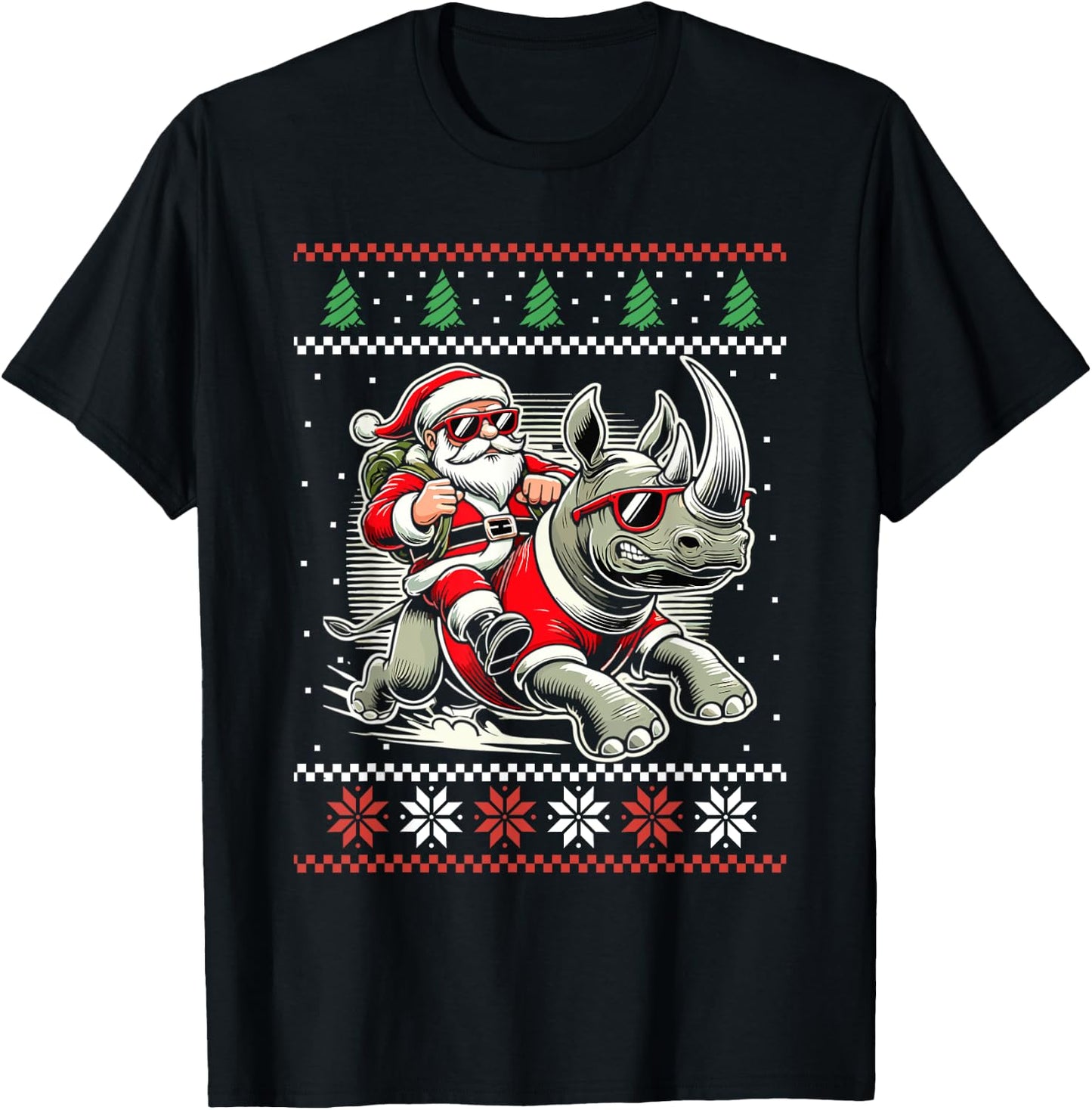 Santa Riding Rhinoceros Ugly Christmas Sweater Rhino Xmas T-Shirt - T-Shirt | Black