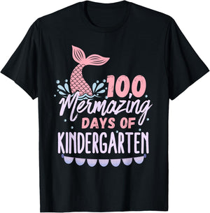 Girls 100 Days Of Kindergarten 100th Day Of School Mermaid T-Shirt - T-Shirt | Black