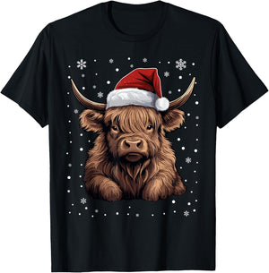 Cute Highland Cow Christmas Santa Hat Xmas Pajama T-Shirt - T-Shirt | Black