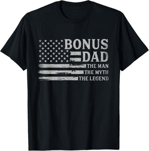 Bonus Dad Man Myth Legend Grey USA Flag Fathers Day Step Dad T-Shirt - T-Shirt | Black