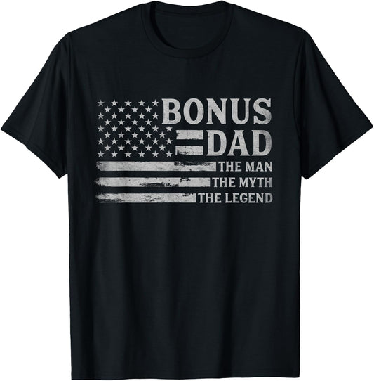 Bonus Dad Man Myth Legend Grey USA Flag Fathers Day Step Dad T-Shirt - T-Shirt | Black