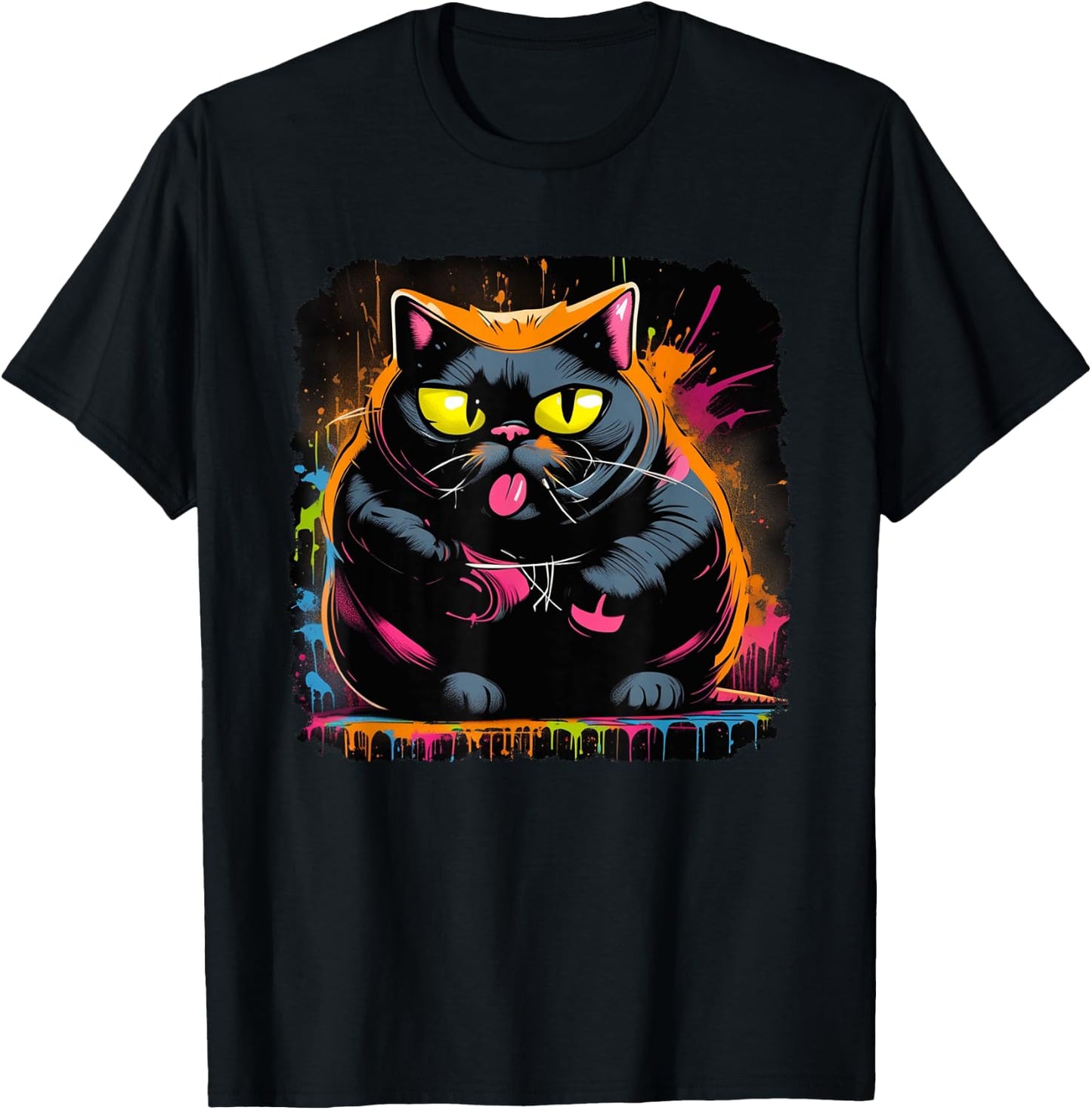 Psychedelic Trippy Blacklight Poster Cat Illustration , black T-Shirt - T-Shirt | Black
