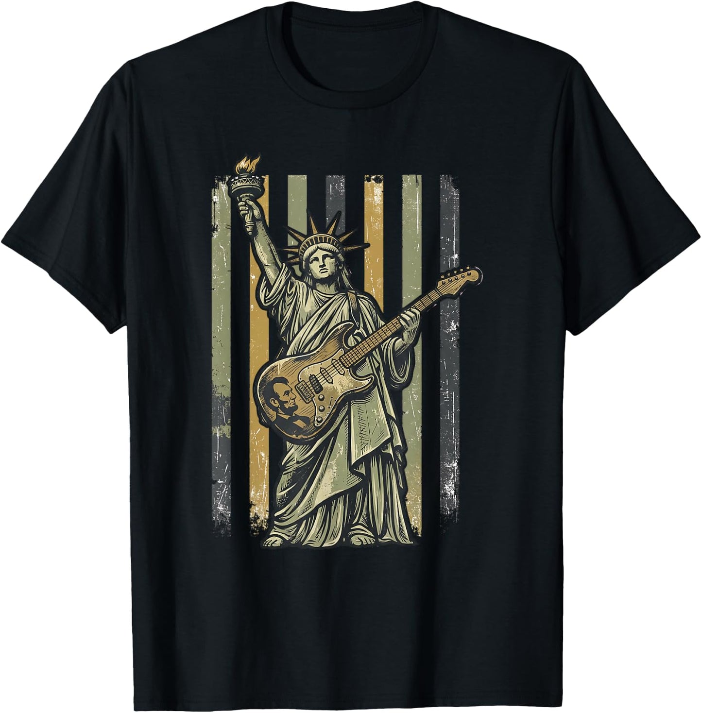 Statue of Liberty Guitar Lincoln Music Lover Rock On Liberty T-Shirt - T-Shirt | Black