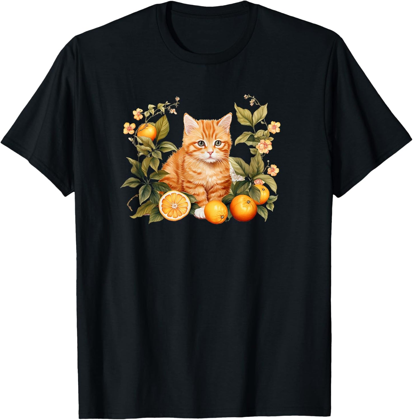 Girls Kids Flowers Orange Tabby Kitten Lover T-Shirt - T-Shirt | Black