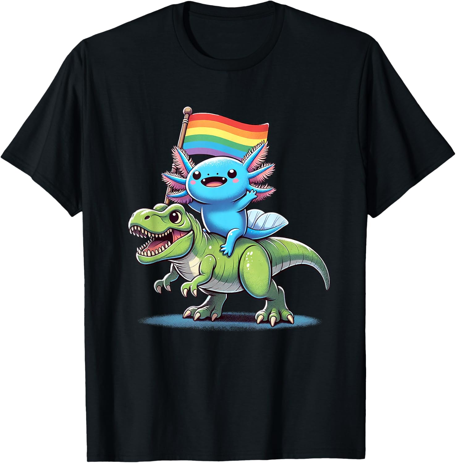 Axolotl Dinosaur Rainbow Flag Pride Gay Lesbian Proud Ally T-Shirt - T-Shirt | Black
