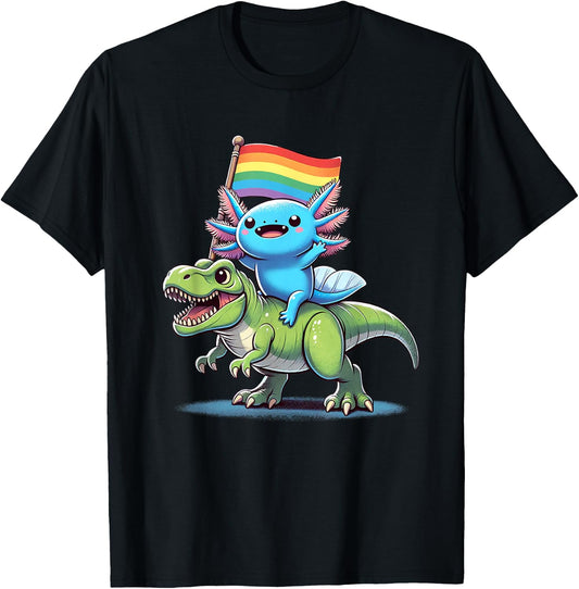 Axolotl Dinosaur Rainbow Flag Pride Gay Lesbian Proud Ally T-Shirt - T-Shirt | Black