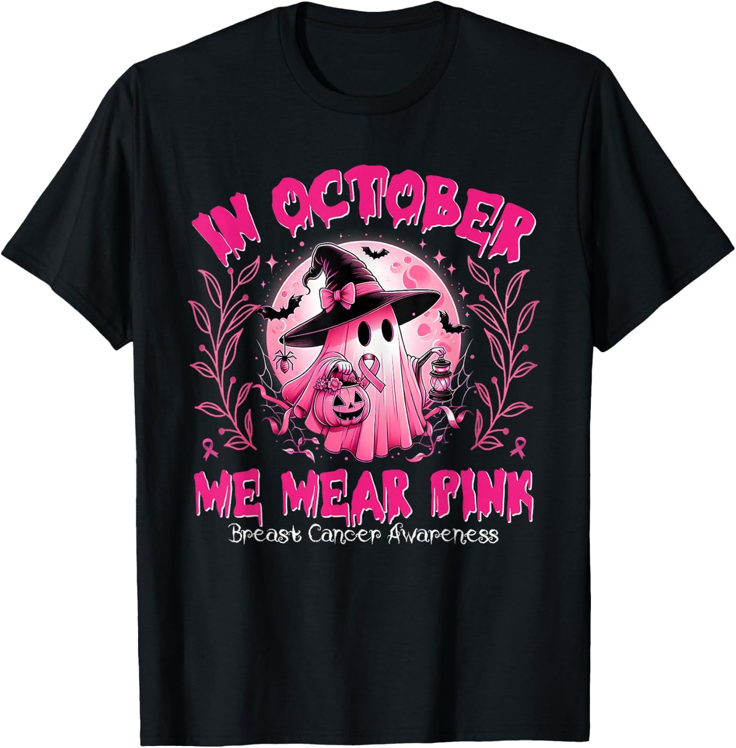 Breast Cancer Awareness In October We Wear Pink Ghost Witch T-Shirt - T-Shirt | Black