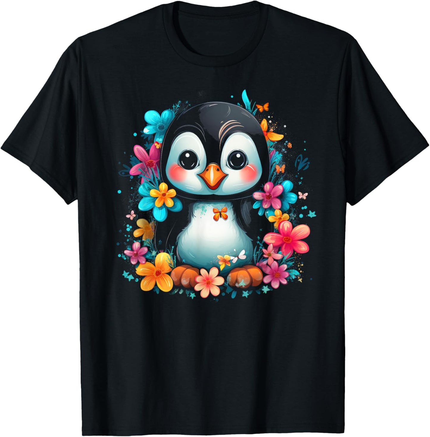 Cute Bird Face Floral Colorful Flower Butterfly - Penguin T-Shirt - T-Shirt | Black