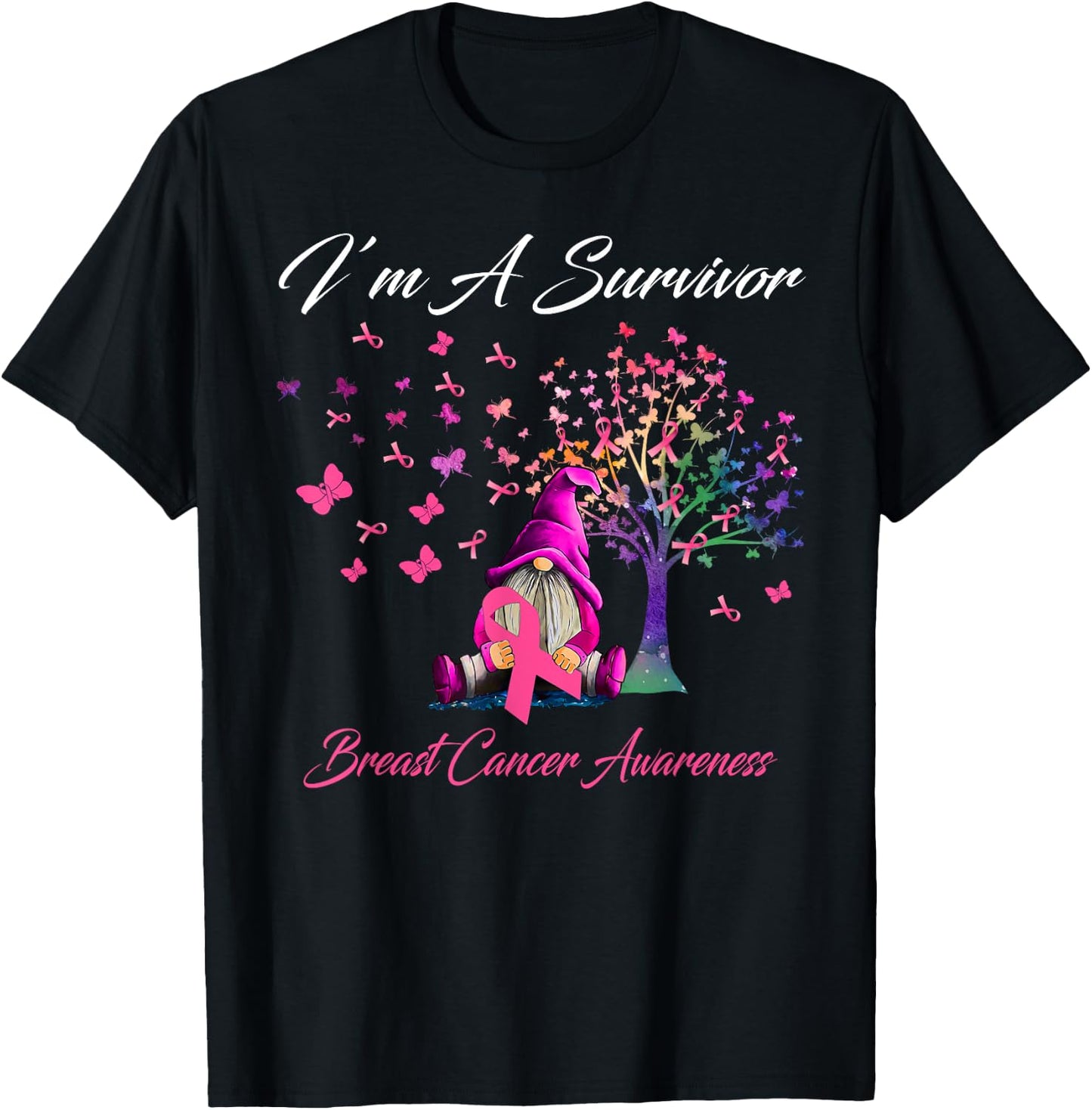 Funny Gnomes I'm A Survivor Breast Cancer Awareness T-Shirt - T-Shirt | Black