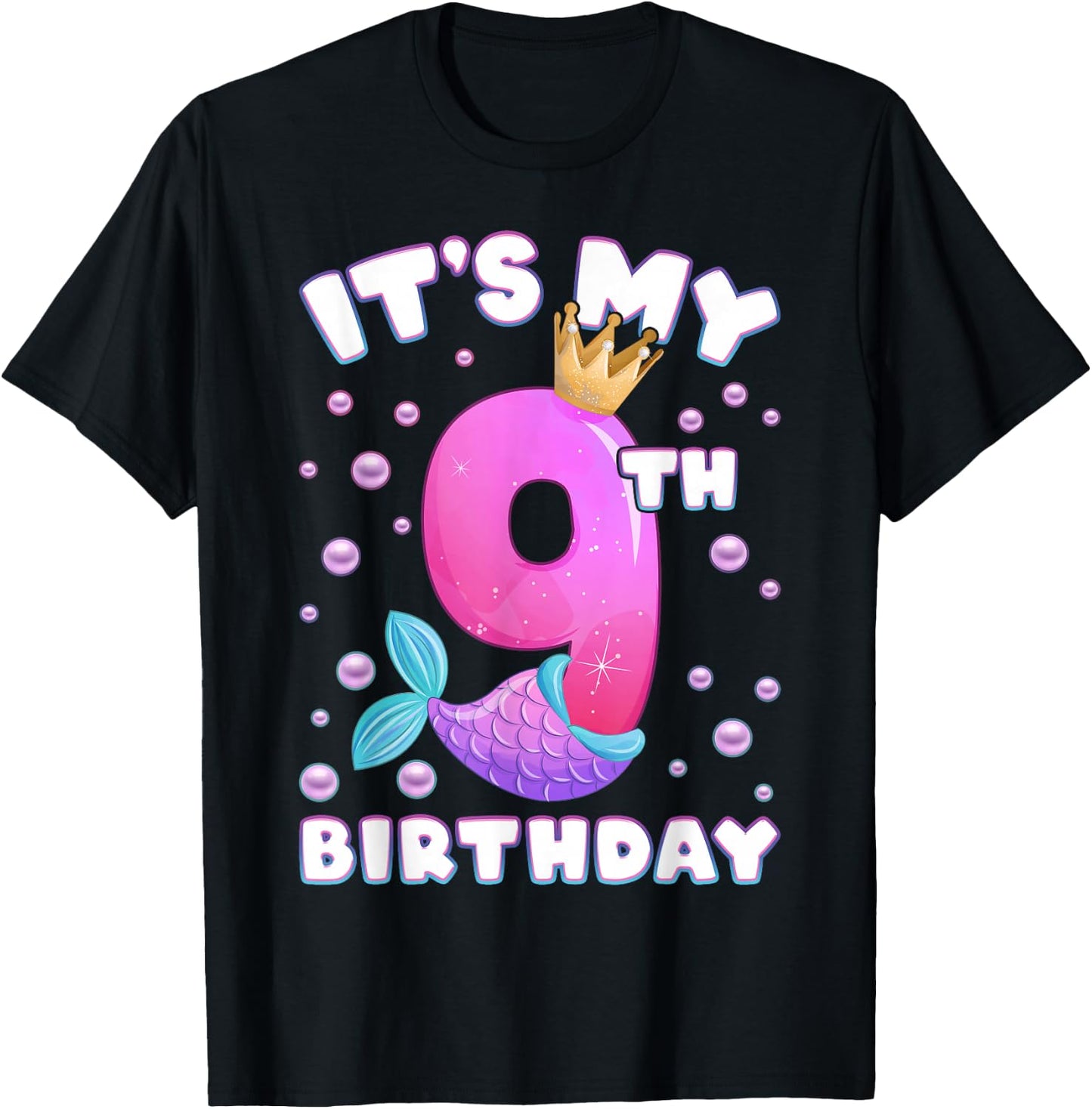 9th Birthday Girl Mermaid Tail Number 9 T-Shirt - T-Shirt | Black