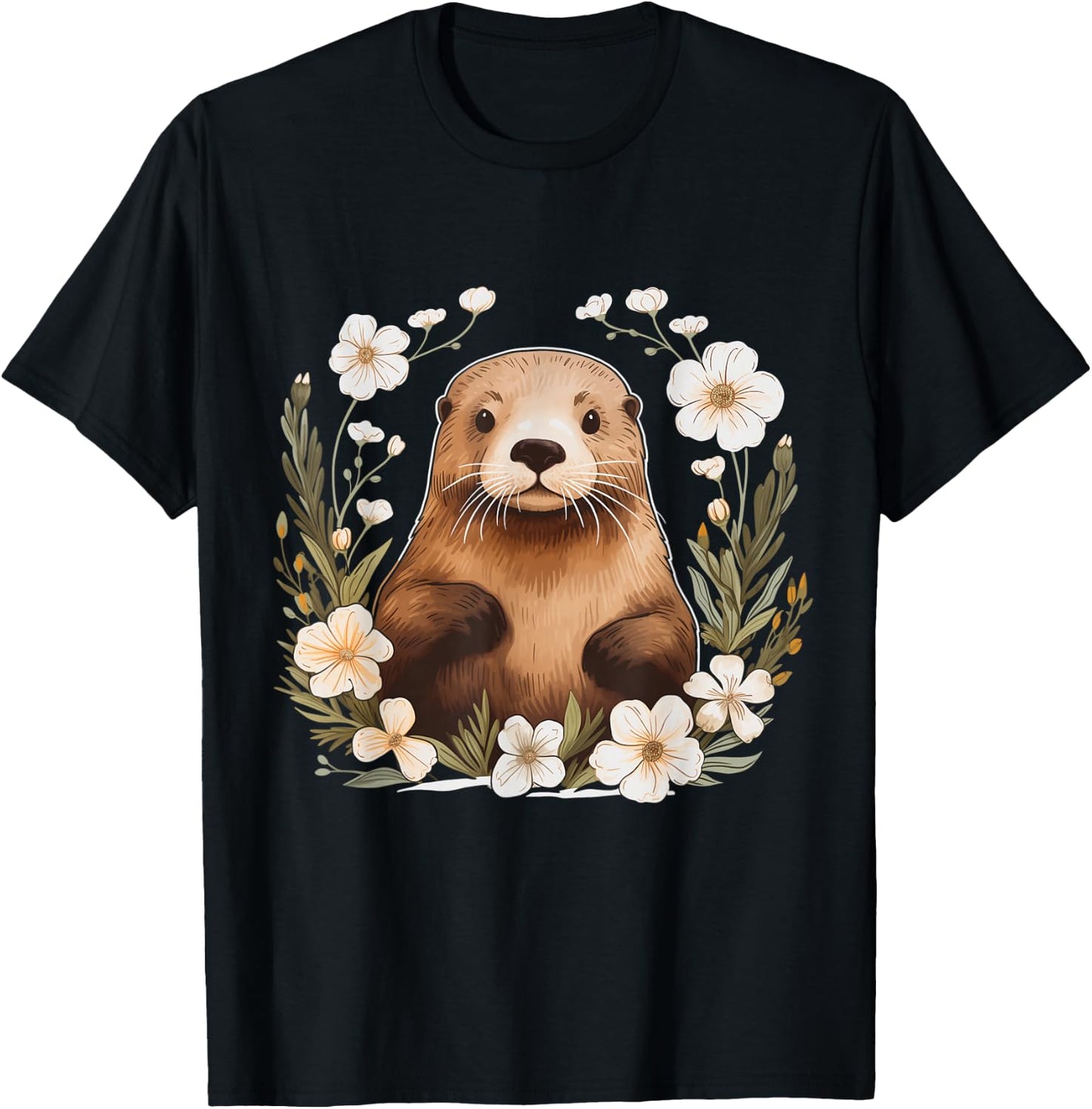 Otter Floral Artwork Vintage Flowers Cute Sea Otter T-Shirt - T-Shirt | Black